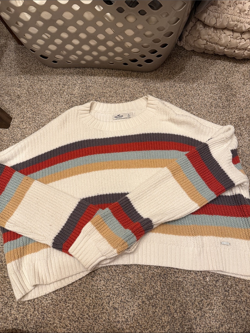 Hollister Cropped Cream Crewneck Sweater with Red, Gray, Blue and Tan Stripes